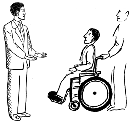 master asking a man in a wheelchair to stand up