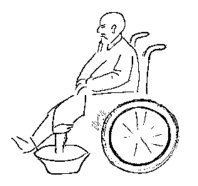 an old man in a wheelchair his foot in a bucket