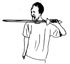 a qigong master licking a red hot iron sword with his tongue