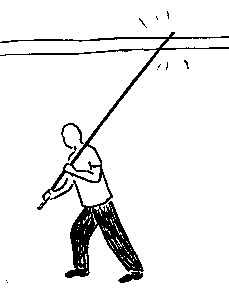 a man  holding a long pole touching the power lines